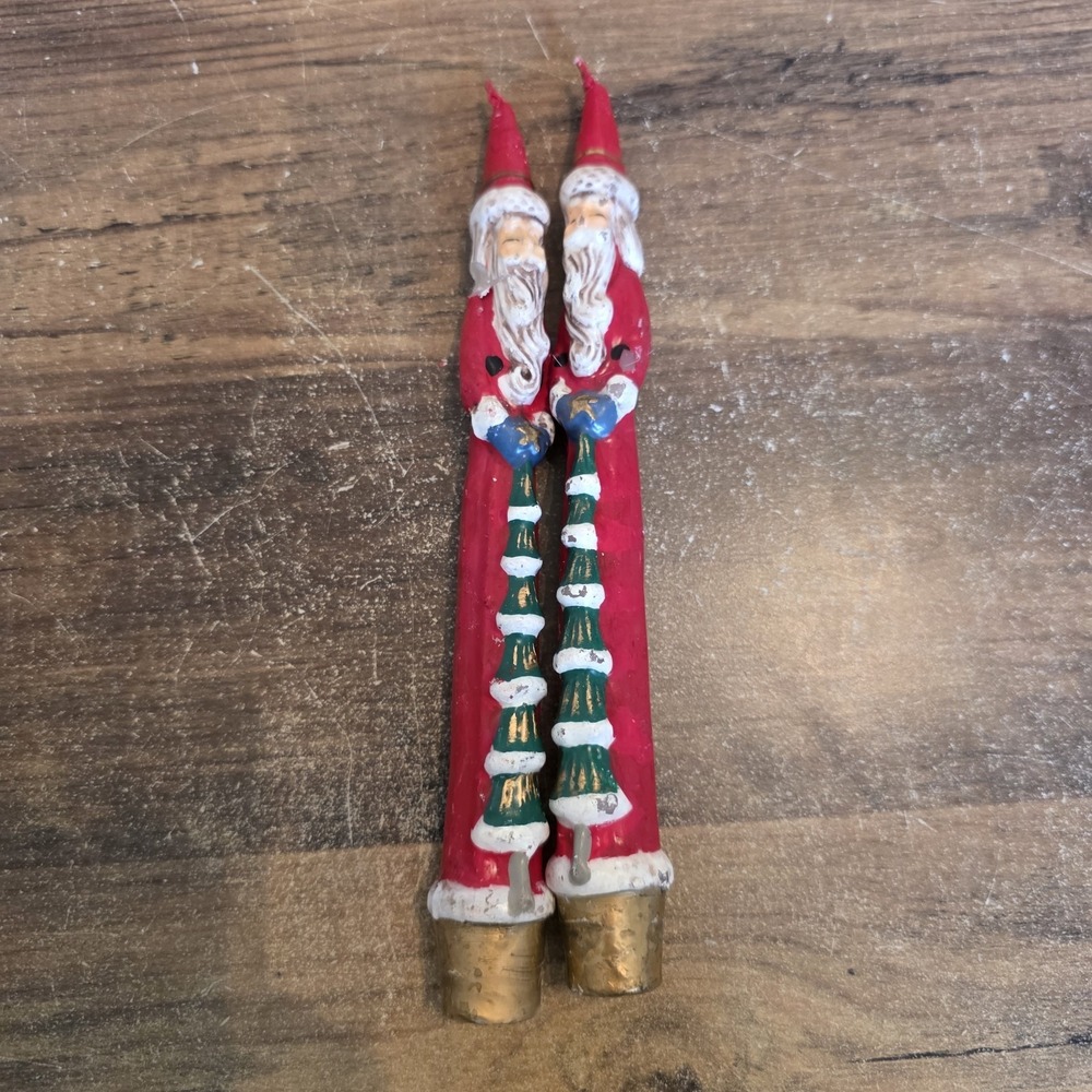 Vintage Pair Of Old World Santa Claus Tapered Candles 8" Christmas Decor Holiday